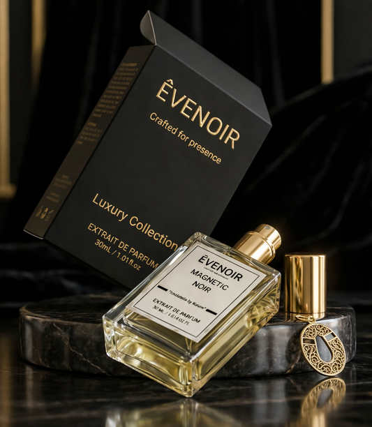 Luxury perfume bottle labeled 'Magnetic Noir' with gold cap and black and gold box, 30ml size.