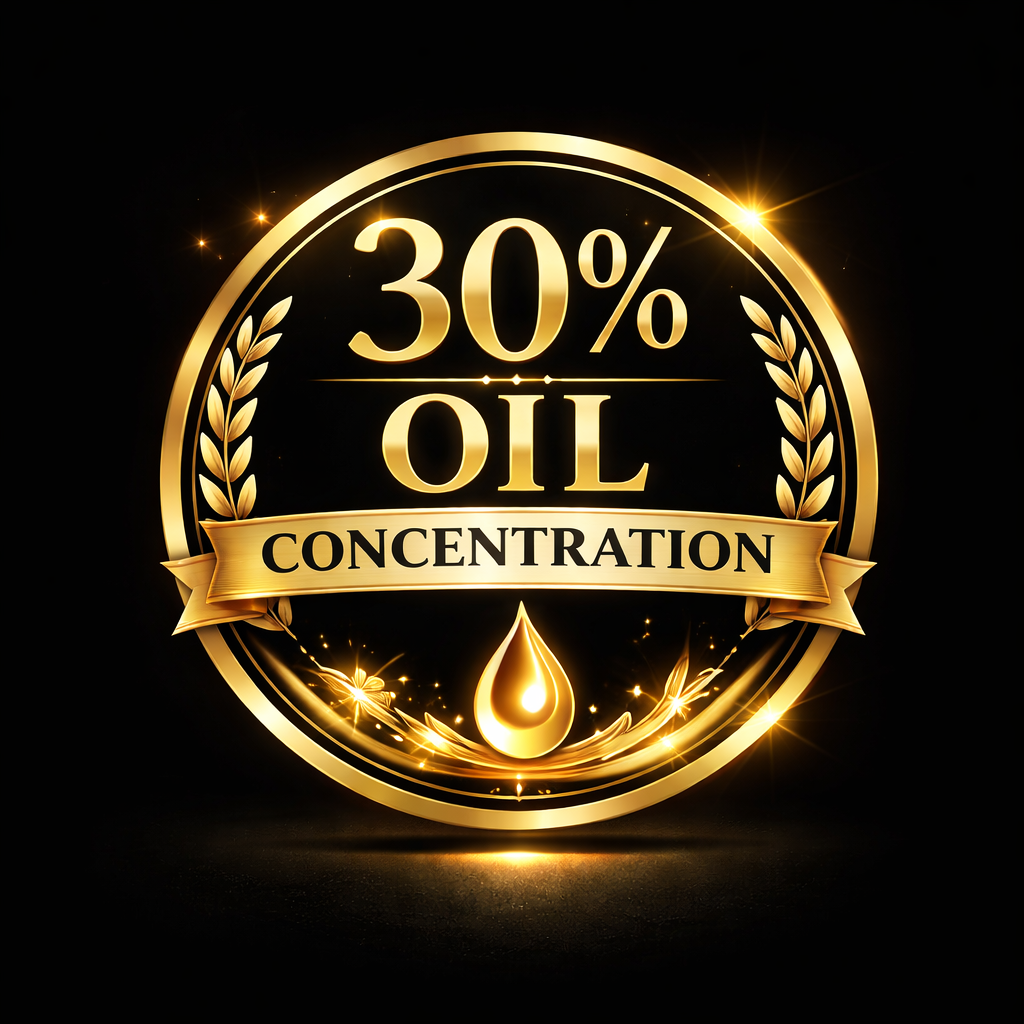 Gold emblem with 30% oil concentration and laurel leaves on a black background