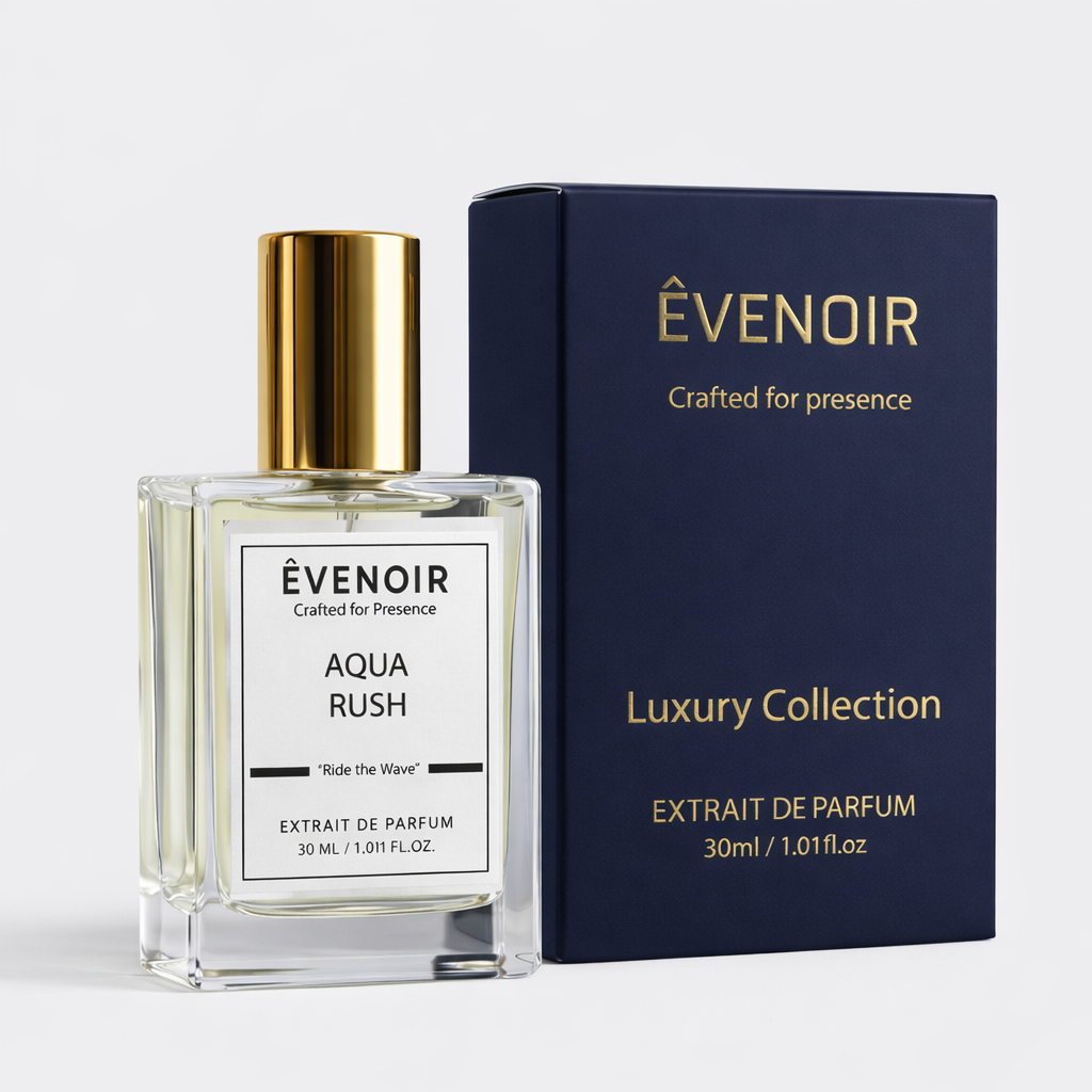 Aqua Rush perfume 30ml bottle with gold cap beside dark blue luxury box, extrait de parfum.
