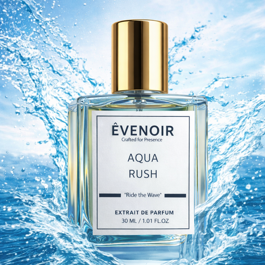 Clear glass perfume bottle with gold cap, labeled Aqua Rush, against water splash background