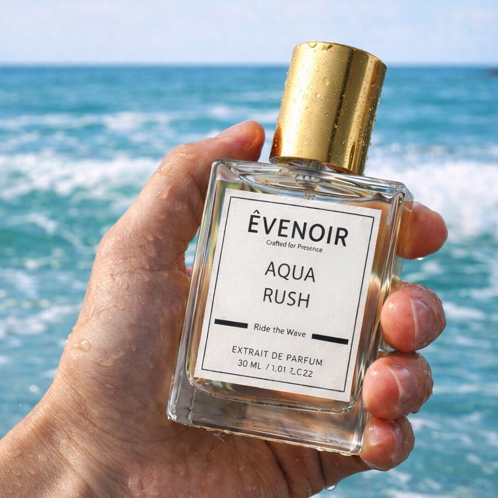 Hand holding Aqua Rush perfume bottle with gold cap, ocean waves in the background