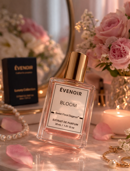 Glass bottle of Bloom perfume with gold cap, surrounded by pink roses, petals, and jewelry.