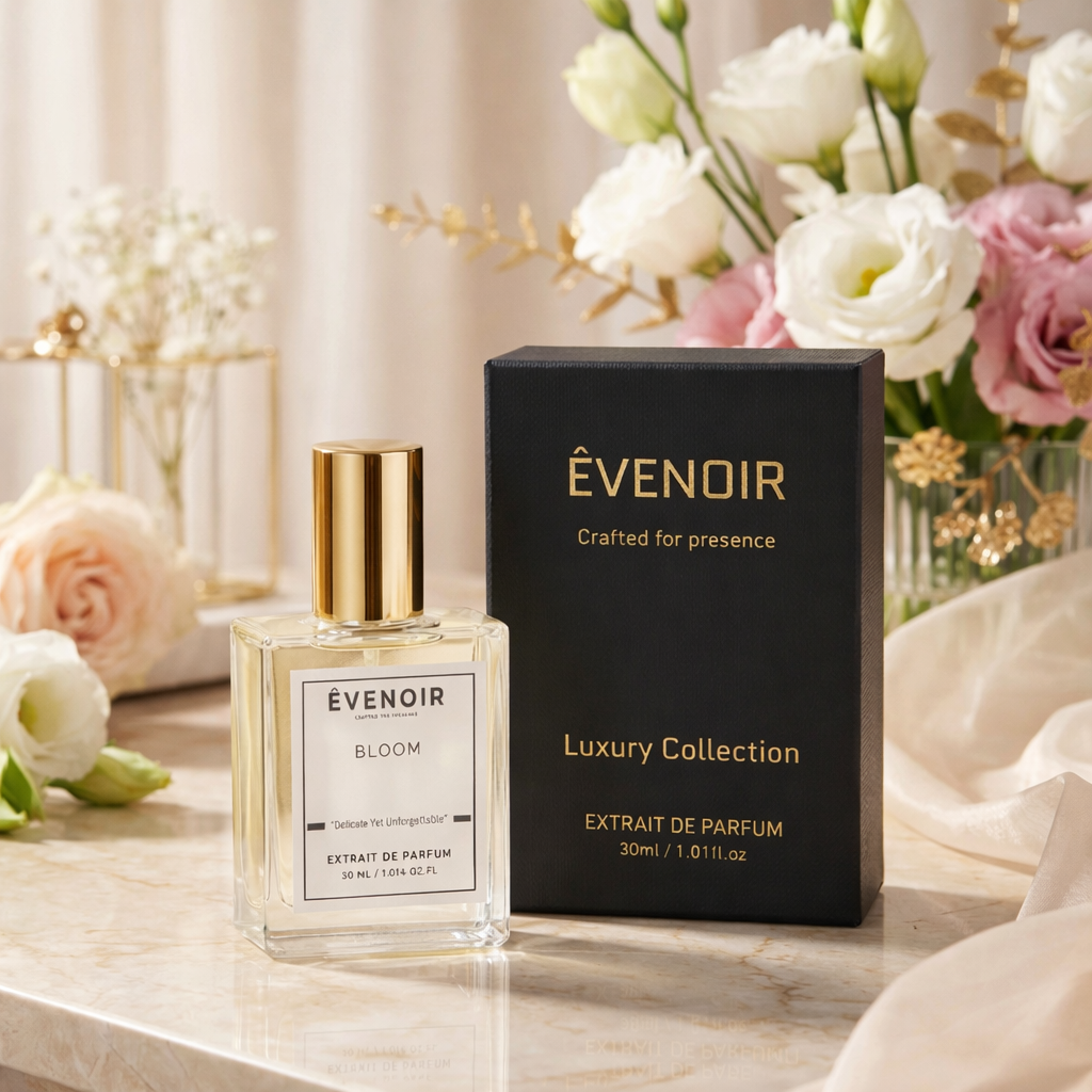 Bloom perfume 30ml Extrait de Parfum bottle and black luxury box on marble with flowers