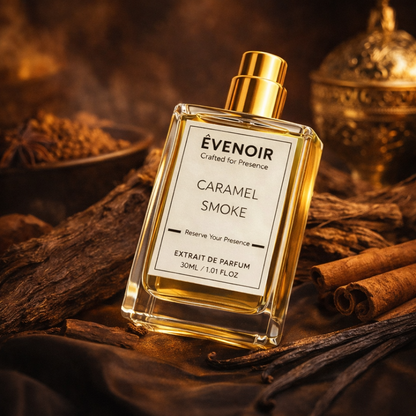 Caramel Smoke perfume bottle with gold cap, surrounded by wood, spices, and cinnamon sticks