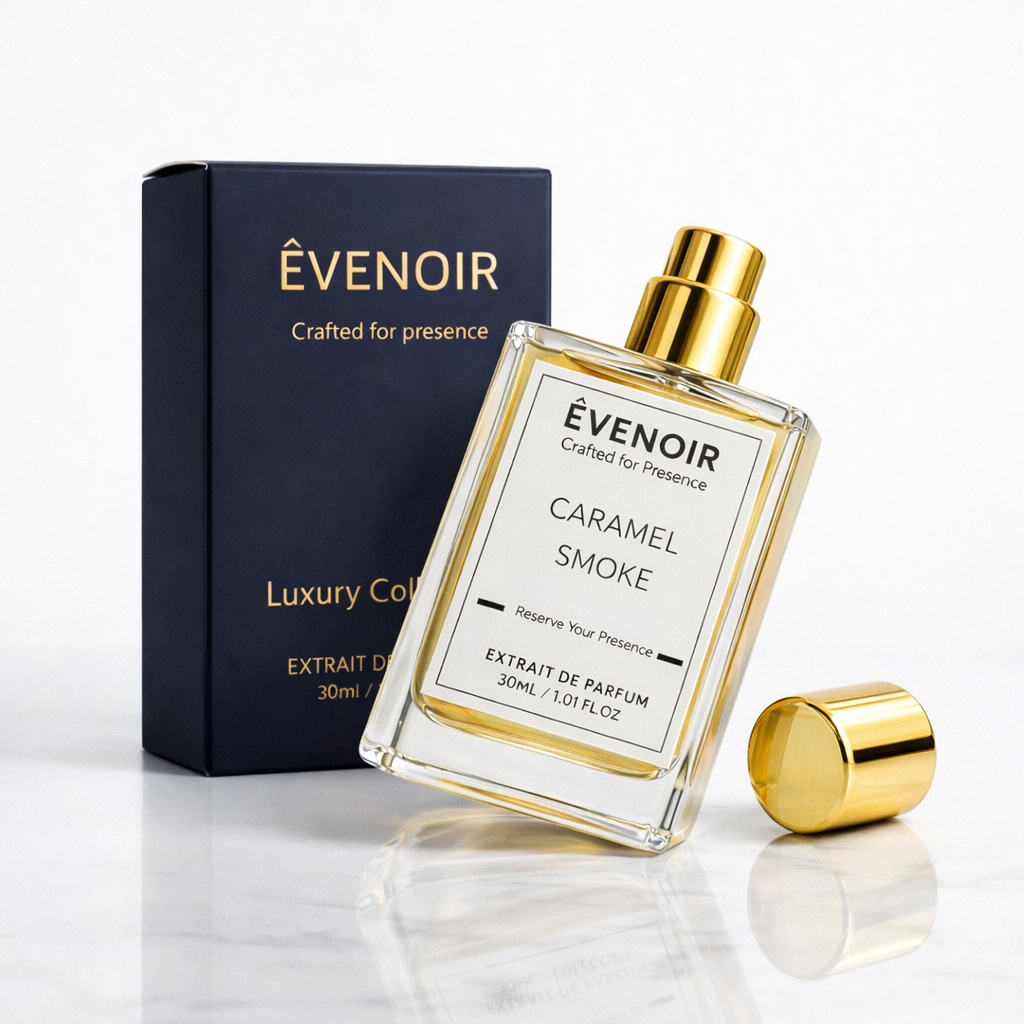 Caramel Smoke perfume bottle with gold cap and luxury packaging on white background