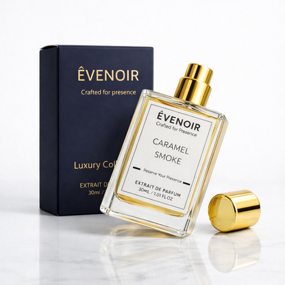 Caramel Smoke perfume bottle with gold cap and luxury packaging on white background