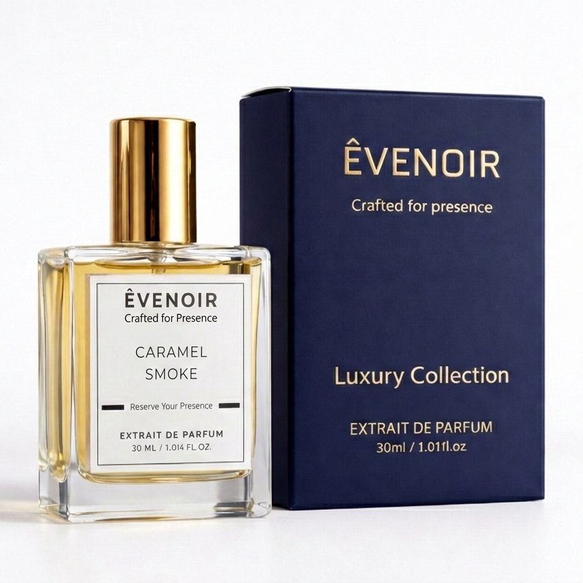 Caramel Smoke perfume bottle with gold cap beside luxury dark blue box, extrait de parfum.