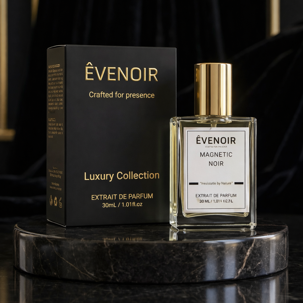 30ml magnetic noir extrait de parfum bottle with gold cap and matching black luxury box on dark marble base