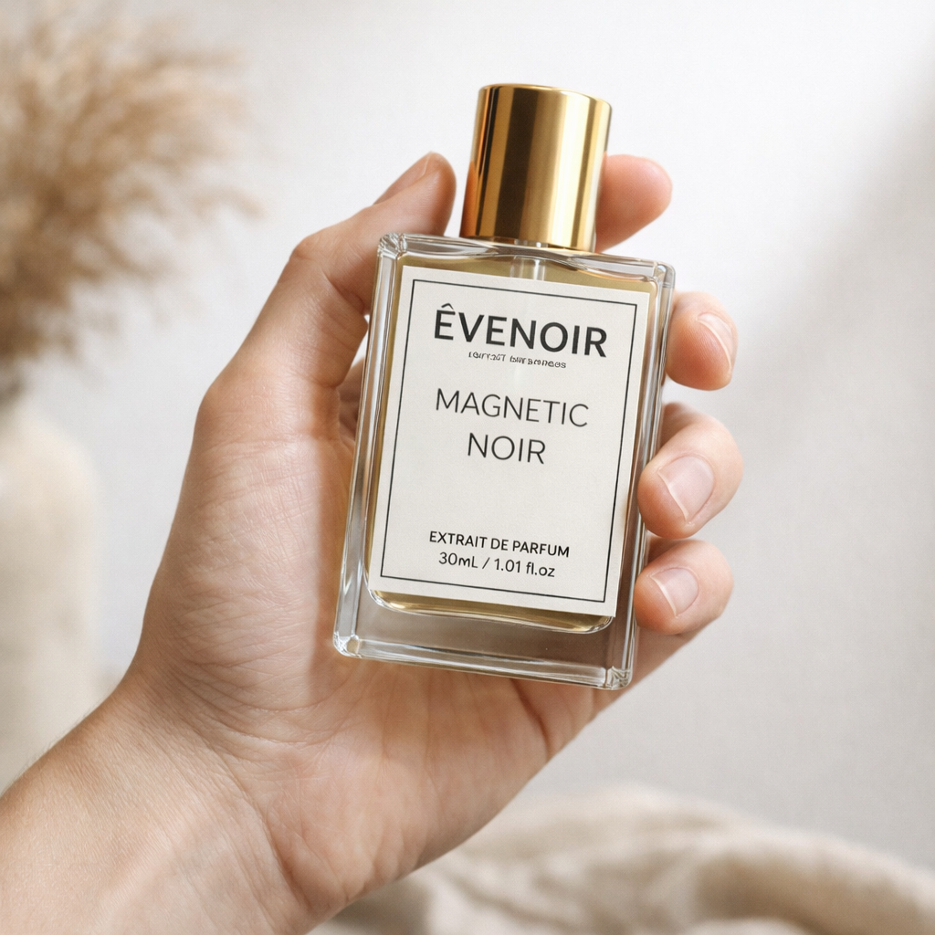 Hand holding Magnetic Noir extrait de parfum bottle with gold cap, 30ml size