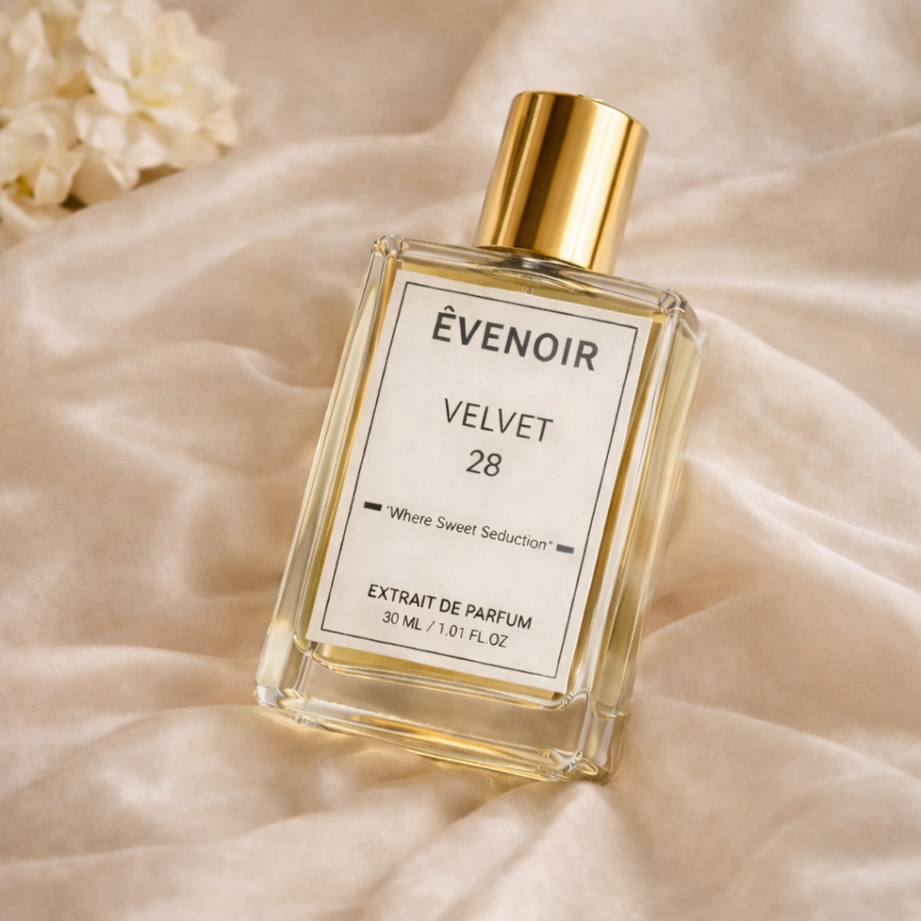 Transparent glass perfume bottle with gold cap labeled Velvet 28 on soft beige fabric