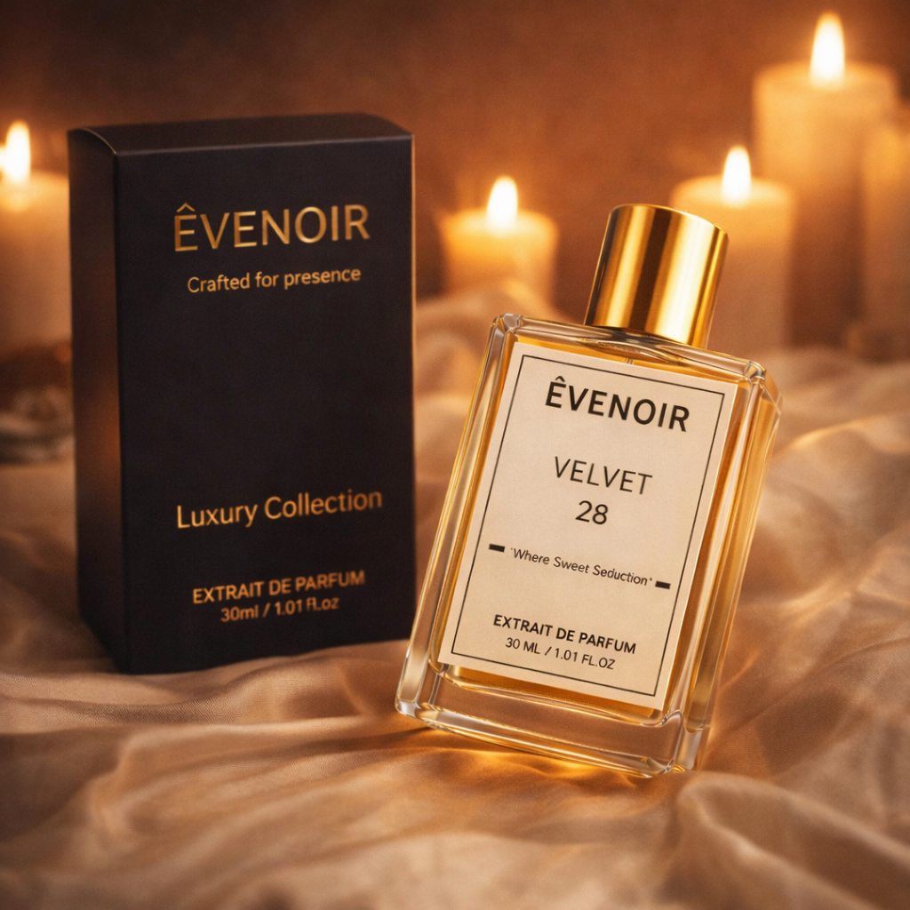 Luxury Velvet 28 perfume bottle with gold cap and box, surrounded by glowing candles