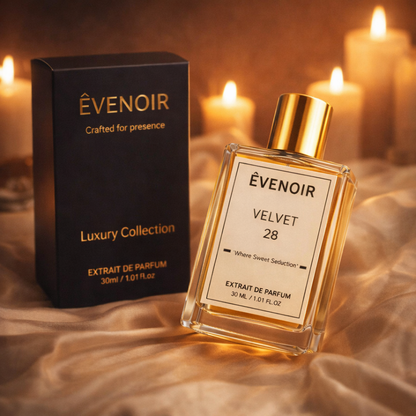 Luxury Velvet 28 perfume bottle with gold cap and box, surrounded by glowing candles