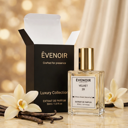 Luxury perfume bottle with gold cap and black box, surrounded by vanilla flowers and pods, 30ml size.