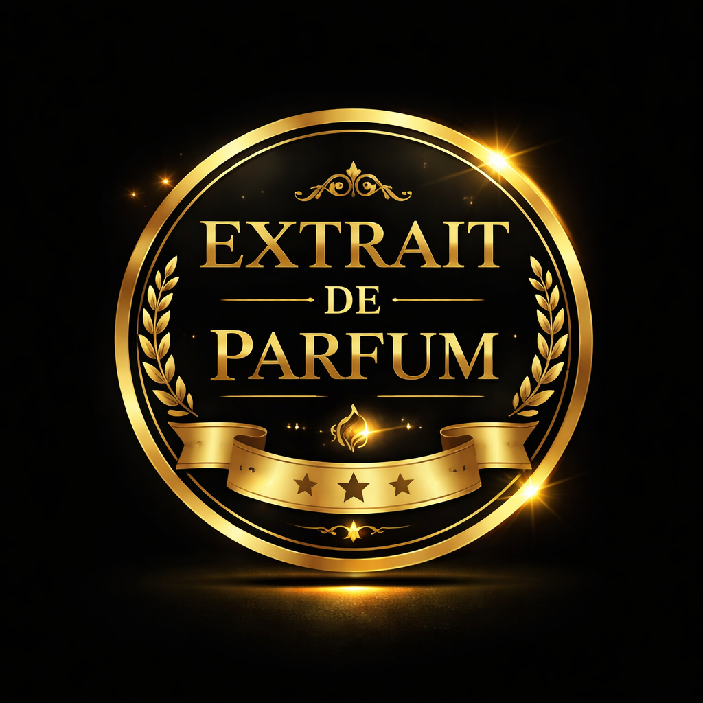 Luxury extrait de parfum gold emblem on black background with laurel wreath and stars