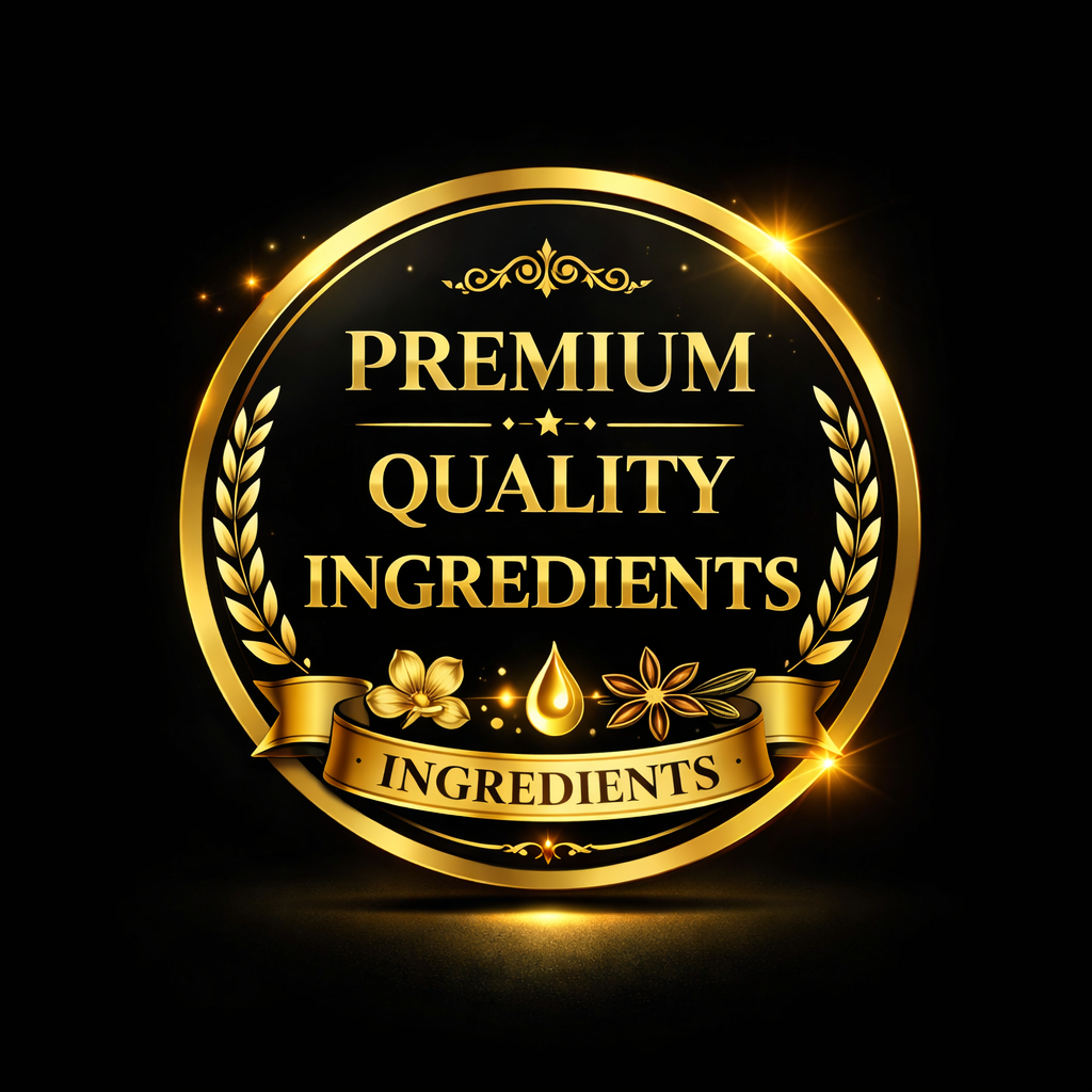 Gold premium quality ingredients badge with floral and oil icons on a black background